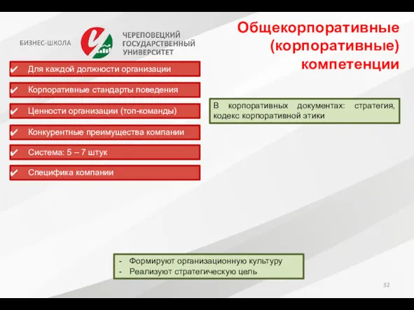 Общекорпоративные (корпоративные) компетенции Формируют организационную культуру Реализуют стратегическую цель Для каждой должности организации