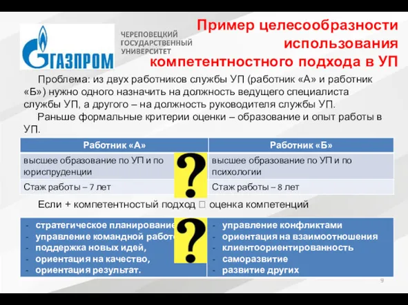 Пример целесообразности использования компетентностного подхода в УП Проблема: из двух работников службы УП