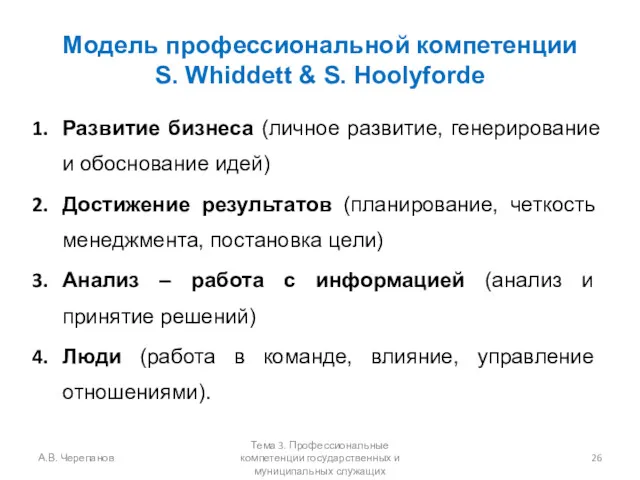 Модель профессиональной компетенции S. Whiddett & S. Hoolyforde Развитие бизнеса