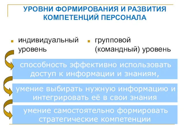 УРОВНИ ФОРМИРОВАНИЯ И РАЗВИТИЯ КОМПЕТЕНЦИЙ ПЕРСОНАЛА индивидуальный уровень групповой (командный)