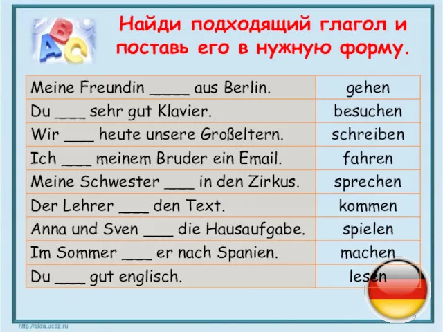 Найди подходящий глагол и поставь его в нужную форму.