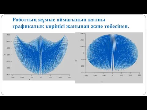 Роботтың жұмыс аймағының жалпы графикалық көрінісі жанынан және төбесінен.