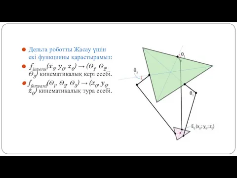Дельта роботты Жасау үшін екі функцияны қарастырамыз: finverse(x0, y0, z0)