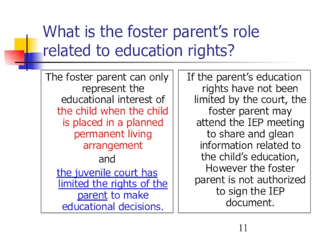 What is the foster parent’s role related to education rights? The foster parent