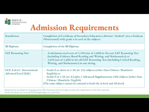 Admission Requirements Requirements are subject to on-going review. The University