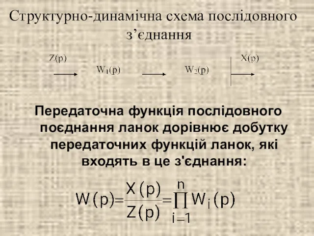 Структурно-динамічна схема послідовного з’єднання Передаточна функція послідовного поєднання ланок дорівнює