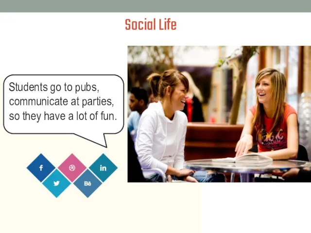 Students go to pubs, communicate at parties, so they have a lot of fun. Social Life