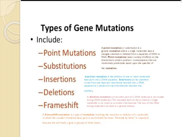 A point mutation or substitution is a genetic mutation where a single nucleotide