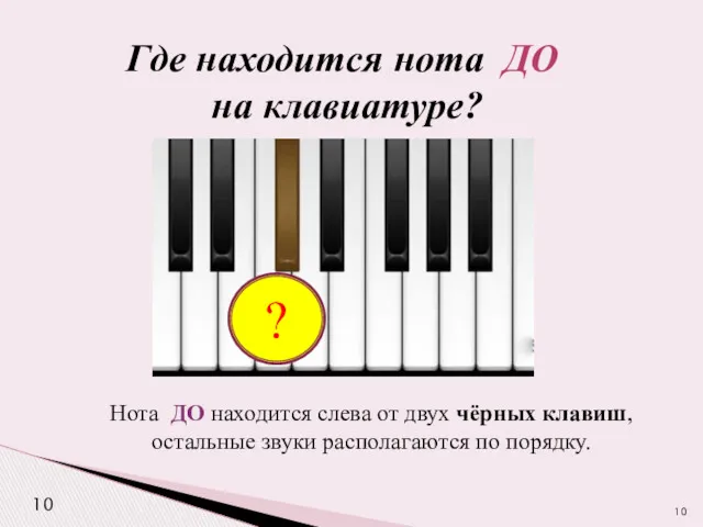 Где находится нота ДО на клавиатуре? 10 Нота ДО находится