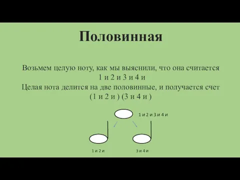 Половинная Возьмем целую ноту, как мы выяснили, что она считается