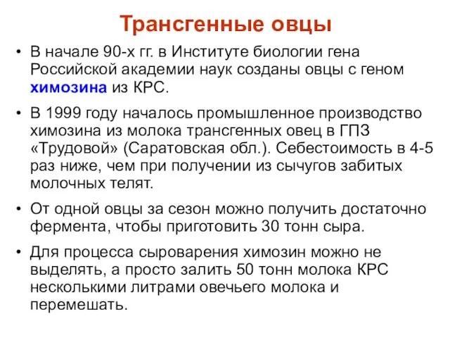 Трансгенные овцы В начале 90-х гг. в Институте биологии гена