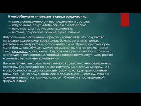 В микробиологии питательные среды разделяют на: — среды определенного и