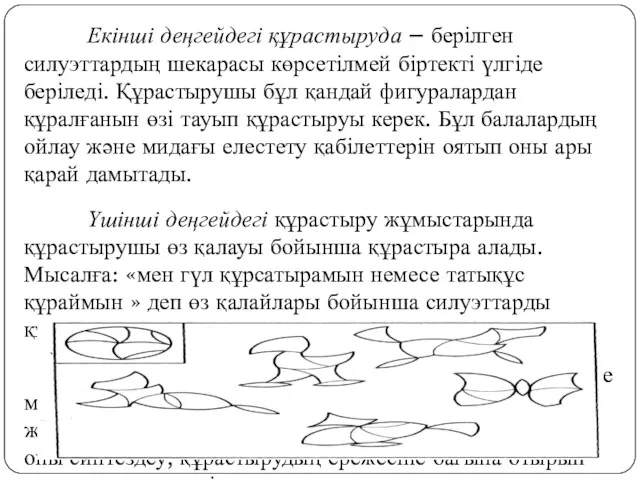 Екінші деңгейдегі құрастыруда – берілген силуэттардың шекарасы көрсетілмей біртекті үлгіде