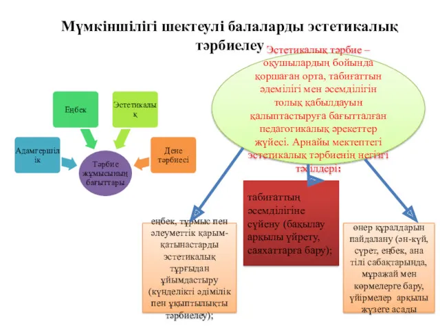 Мүмкіншілігі шектеулі балаларды эстетикалық тәрбиелеу Эстетикалық тәрбие – оқушылардың бойында