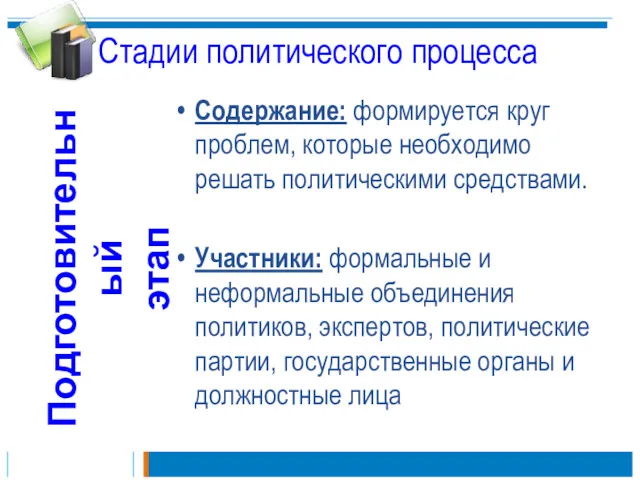 Стадии политического процесса Содержание: формируется круг проблем, которые необходимо решать