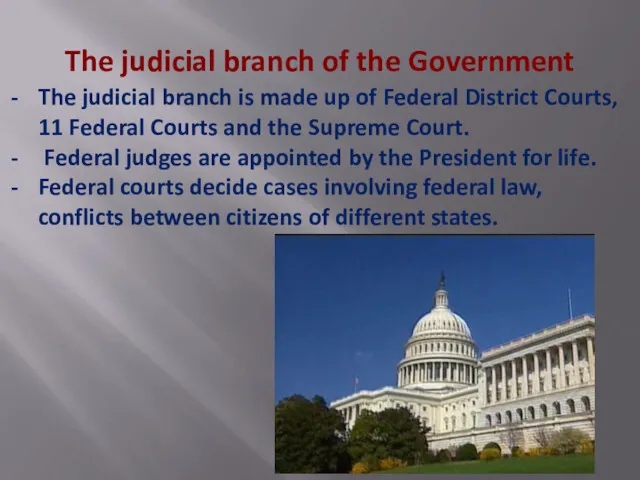 The judicial branch of the Government The judicial branch is made up of
