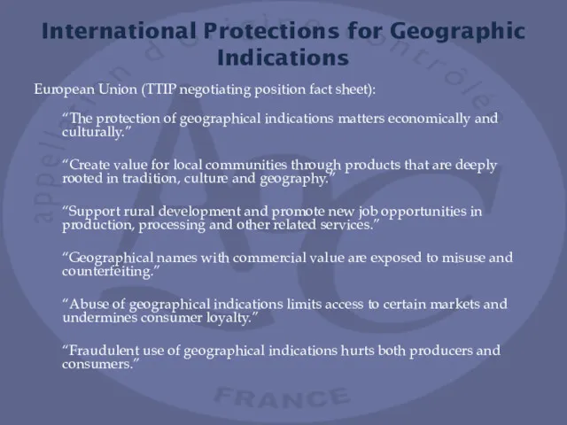 International Protections for Geographic Indications European Union (TTIP negotiating position