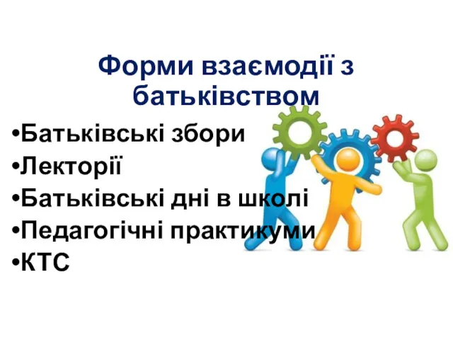 Форми взаємодії з батьківством Батьківські збори Лекторії Батьківські дні в школі Педагогічні практикуми КТС