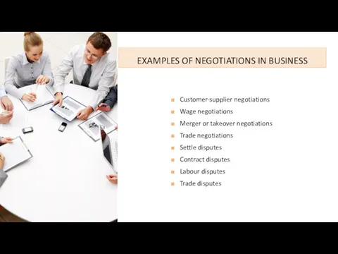 EXAMPLES OF NEGOTIATIONS IN BUSINESS Customer-supplier negotiations Wage negotiations Merger