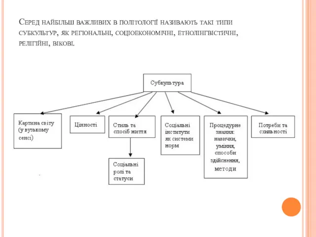 Серед найбільш важливих в політології називають такі типи субкультур, як регіональні, соціоекономічні, етнолінгвістичні, релігійні, вікові.