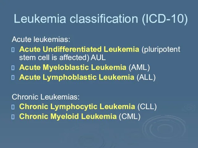 Leukemia classification (ICD-10) Acute leukemias: Acute Undifferentiated Leukemia (pluripotent stem