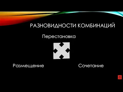 РАЗНОВИДНОСТИ КОМБИНАЦИЙ Перестановка Размещение Сочетание