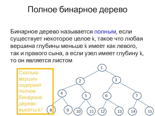 Полное бинарное дерево Бинарное дерево называется полным, если существует некоторое