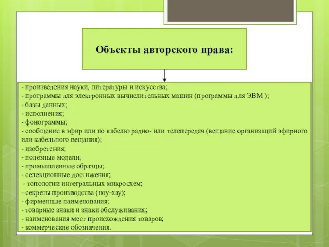 Объекты авторского права: - произведения науки, литературы и искусства; -