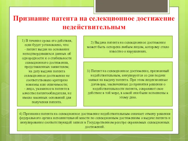 Признание патента на селекционное достижение недействительным 1) В течение срока