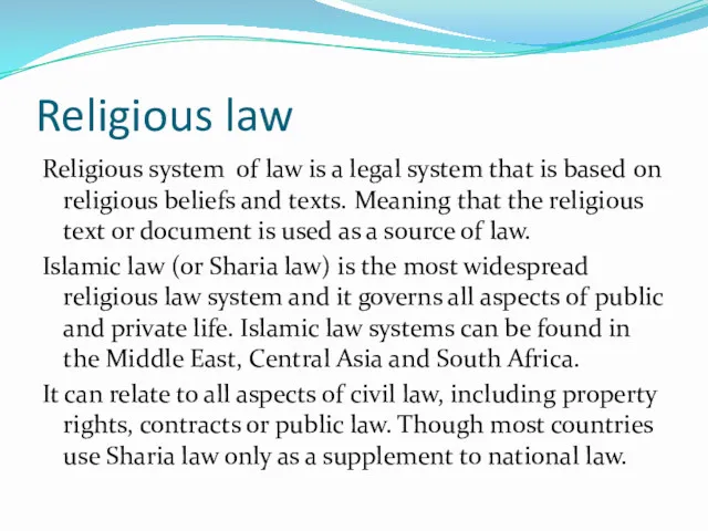Religious law Religious system of law is a legal system