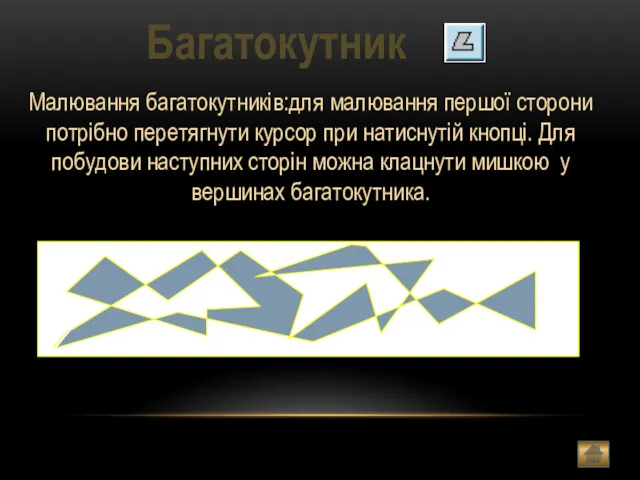 Багатокутник Малювання багатокутників:для малювання першої сторони потрібно перетягнути курсор при