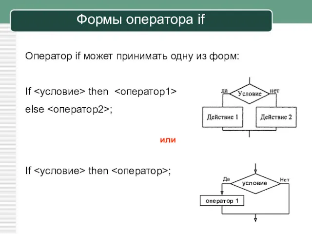 Оператор if может принимать одну из форм: If then else