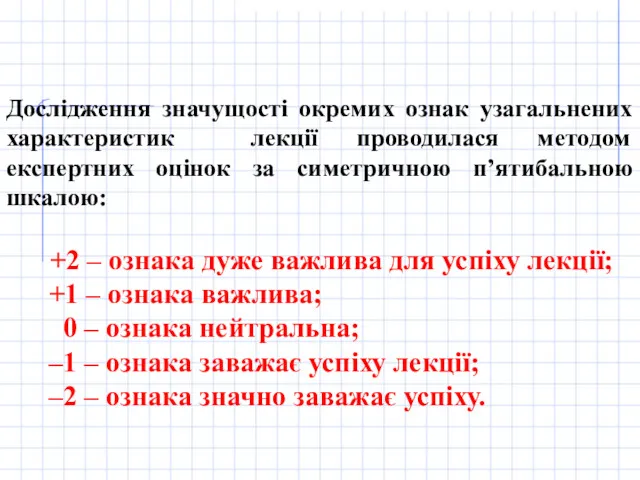 Дослідження значущості окремих ознак узагальнених характеристик лекції проводилася методом експертних