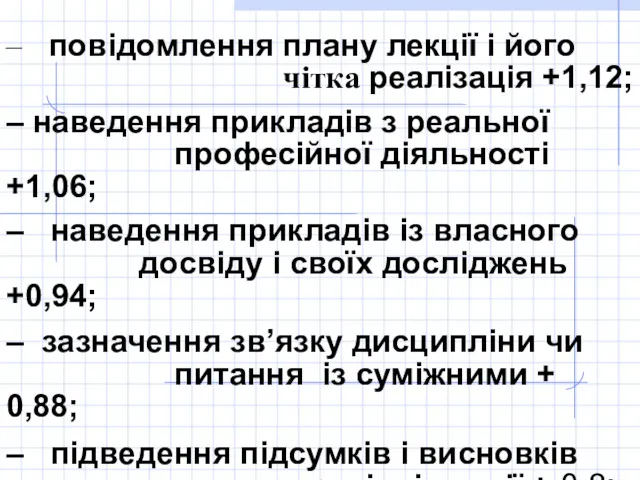 – повідомлення плану лекції і його чітка реалізація +1,12; –