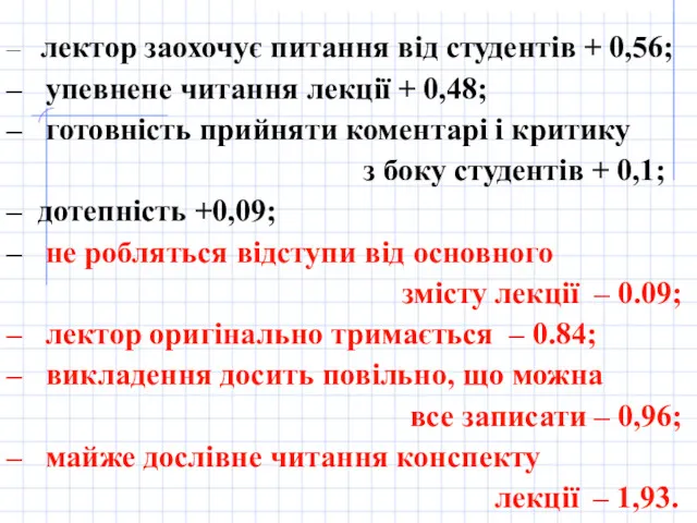 – лектор заохочує питання від студентів + 0,56; – упевнене