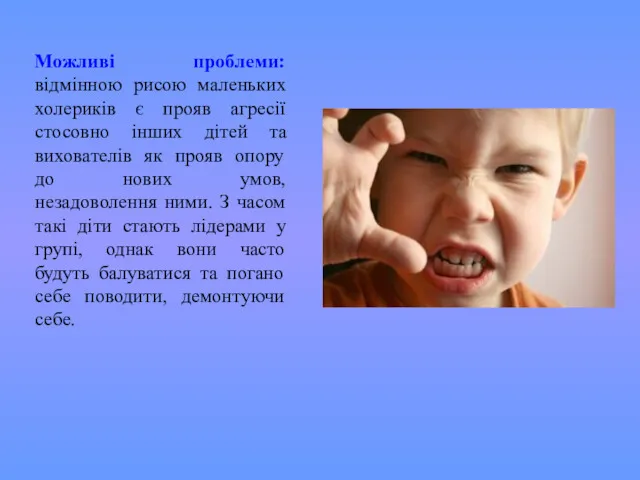 Можливі проблеми: відмінною рисою маленьких холериків є прояв агресії стосовно