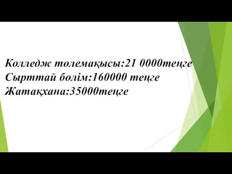 Колледж төлемақысы:21 0000теңге Сырттай бөлім:160000 теңге Жатақхана:35000теңге