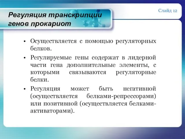 Регуляция транскрипции генов прокариот Осуществляется с помощью регуляторных белков. Регулируемые