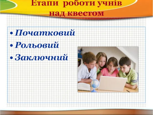 Етапи роботи учнів над квестом Початковий Рольовий Заключний