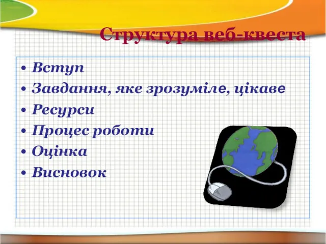 Структура веб-квеста Вступ Завдання, яке зрозуміле, цікаве Ресурси Процес роботи Оцінка Висновок