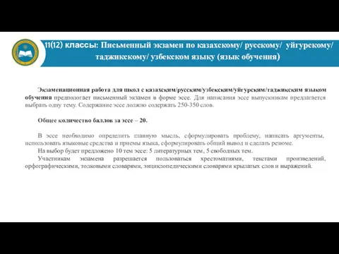 11(12) классы: Письменный экзамен по казахскому/ русскому/ уйгурскому/ таджикскому/ узбекском