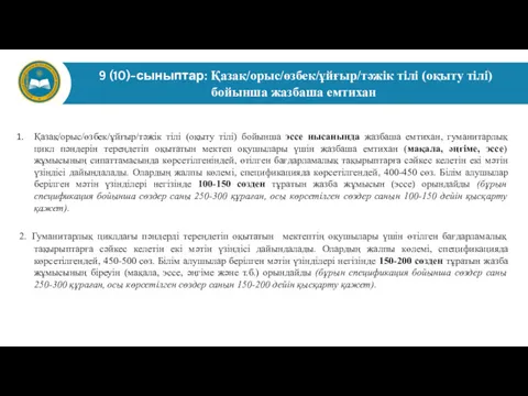 9 (10)-сыныптар: Қазақ/орыс/өзбек/ұйғыр/тәжік тілі (оқыту тілі) бойынша жазбаша емтихан Қазақ/орыс/өзбек/ұйғыр/тәжік