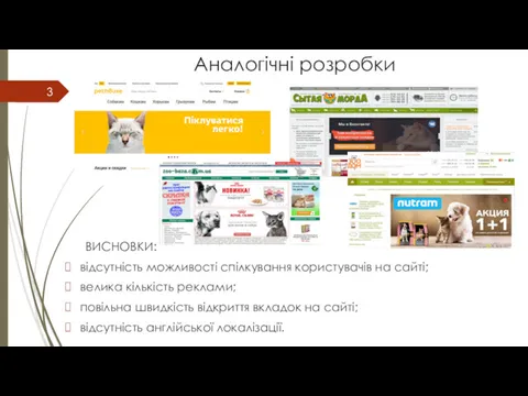 Аналогічні розробки ВИСНОВКИ: відсутність можливості спілкування користувачів на сайті; велика