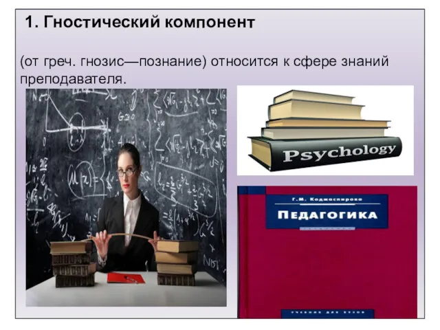 1. Гностический компонент (от греч. гнозис—познание) относится к сфере знаний преподавателя.