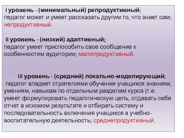 I уровень - (минимальный) репродуктивный; педагог может и умеет рассказать