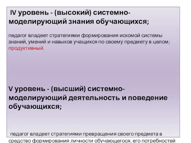 IV уровень - (высокий) системно-моделирующий знания обучающихся; педагог владеет стратегиями