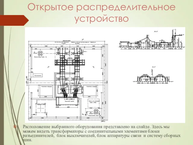 Открытое распределительное устройство Расположение выбранного оборудования представлено на слайде. Здесь