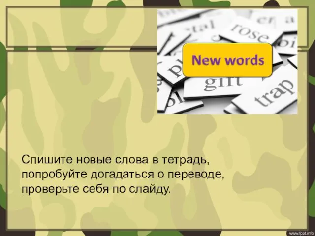 Спишите новые слова в тетрадь, попробуйте догадаться о переводе, проверьте себя по слайду.