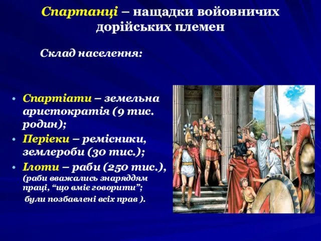 Спартанці – нащадки войовничих дорійських племен Склад населення: Спартіати –