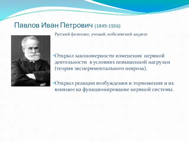 Павлов Иван Петрович (1849-1936) Русский физиолог, ученый, нобелевский лауреат Открыл